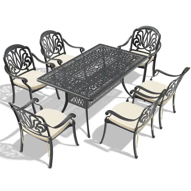 7-Pc Aluminum Patio Set , 6 x Armchairs with Cushions In Random Colors with 1 With Umbrella Hole Table