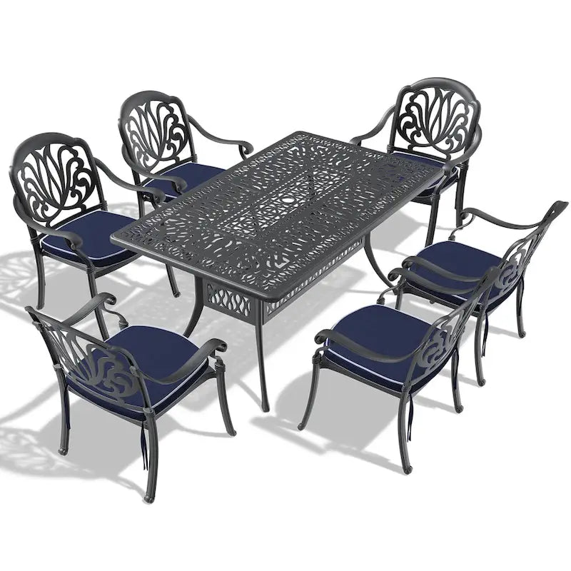 7-Pc Aluminum Patio Set , 6 x Armchairs with Cushions In Random Colors with 1 With Umbrella Hole Table