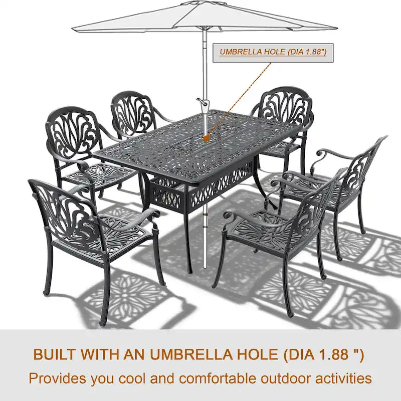 7-Pc Aluminum Patio Set , 6 x Armchairs with Cushions In Random Colors with 1 With Umbrella Hole Table