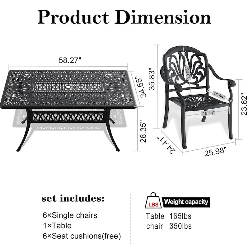 7-Pc Aluminum Patio Set , 6 x Armchairs with Cushions In Random Colors with 1 With Umbrella Hole Table