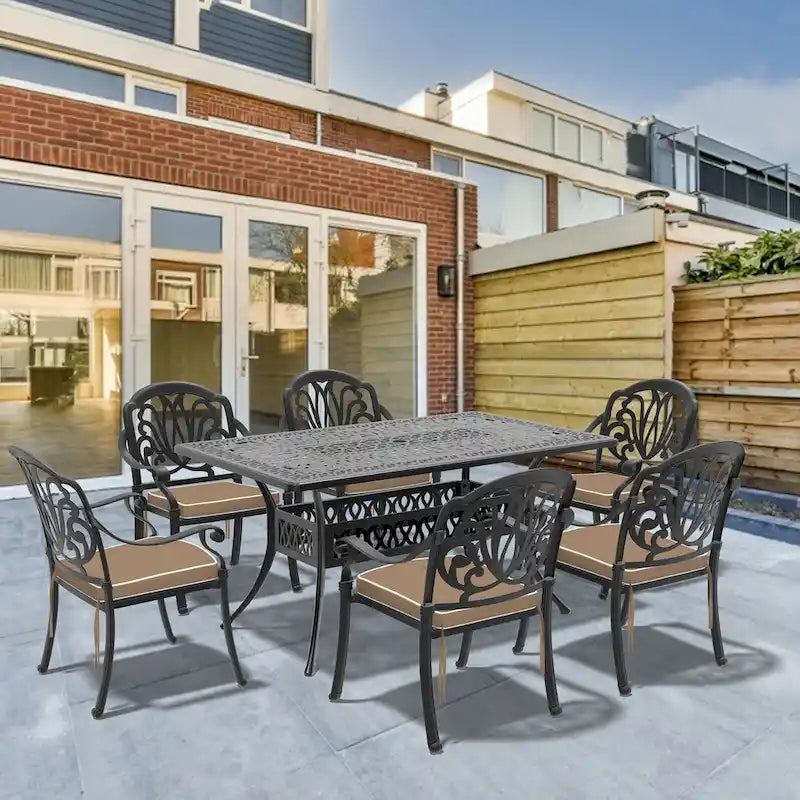 7-Pc Aluminum Patio Set , 6 x Armchairs with Cushions In Random Colors with 1 With Umbrella Hole Table