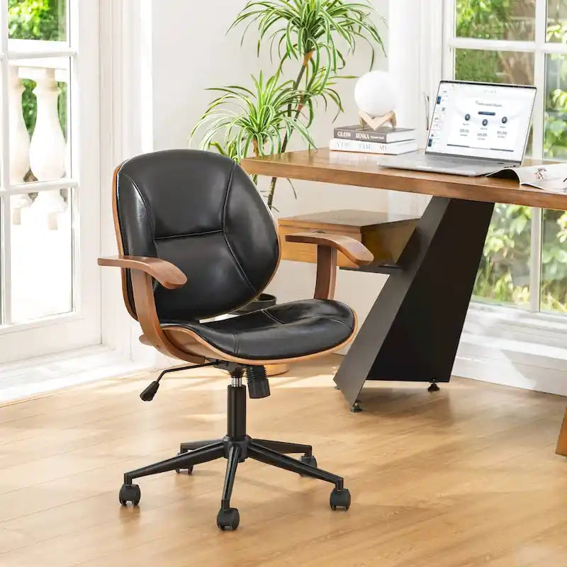 PU Leather Swivel Office Chair with Bamboo Armrests – Cocoa / Brown / Black, Mid-Back, Single User