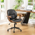 PU Leather Swivel Office Chair with Bamboo Armrests – Cocoa / Brown / Black, Mid-Back, Single User