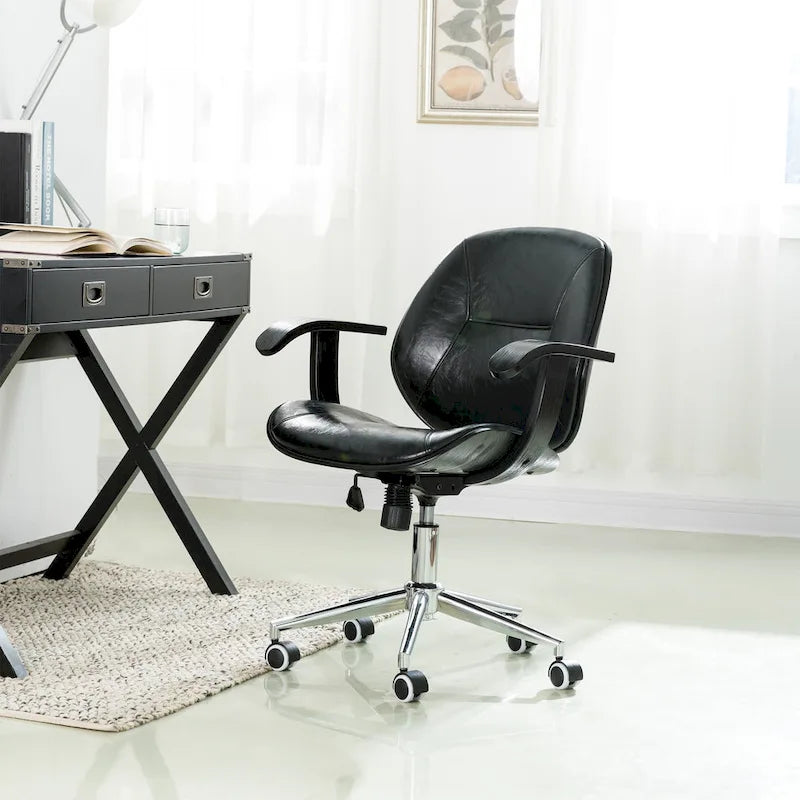 PU Leather Swivel Office Chair with Bamboo Armrests – Cocoa / Brown / Black, Mid-Back, Single User