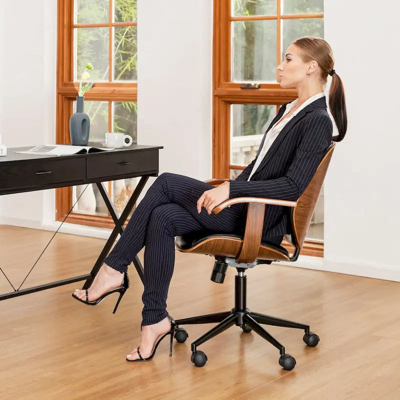 PU Leather Swivel Office Chair with Bamboo Armrests – Cocoa / Brown / Black, Mid-Back, Single User