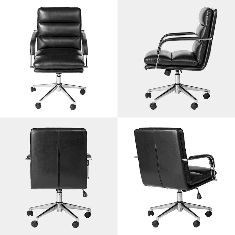 PU Leather Swivel Office Chair with Bamboo Armrests – Cocoa / Brown / Black, Mid-Back, Single User