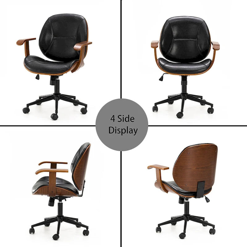 PU Leather Swivel Office Chair with Bamboo Armrests – Cocoa / Brown / Black, Mid-Back, Single User