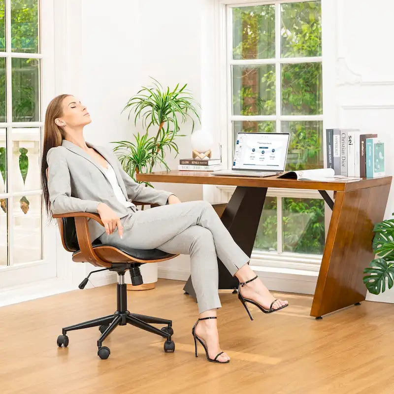 PU Leather Swivel Office Chair with Bamboo Armrests – Cocoa / Brown / Black, Mid-Back, Single User