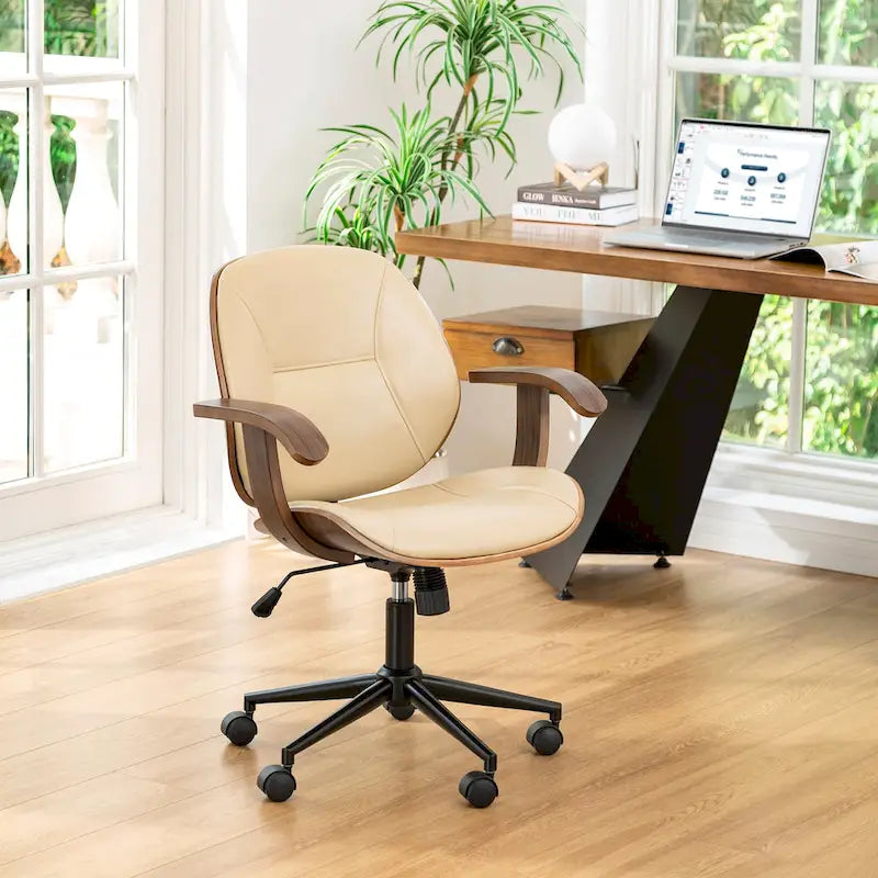 PU Leather Swivel Office Chair with Bamboo Armrests – Cocoa / Brown / Black, Mid-Back, Single User