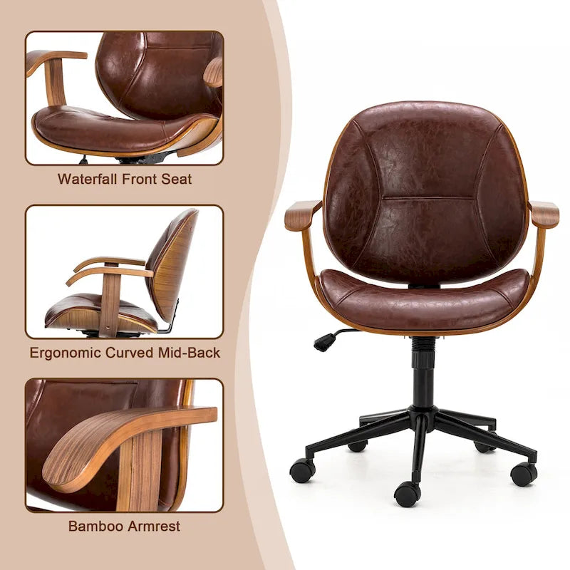 PU Leather Swivel Office Chair with Bamboo Armrests – Cocoa / Brown / Black, Mid-Back, Single User