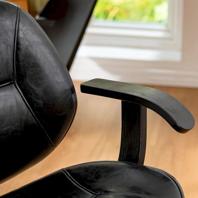 PU Leather Swivel Office Chair with Bamboo Armrests – Cocoa / Brown / Black, Mid-Back, Single User