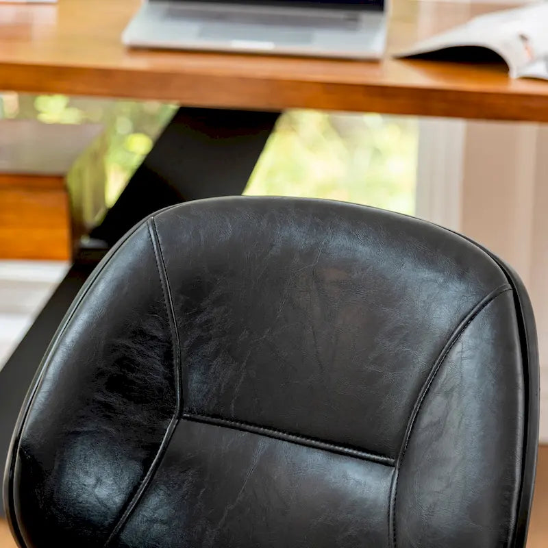 PU Leather Swivel Office Chair with Bamboo Armrests – Cocoa / Brown / Black, Mid-Back, Single User