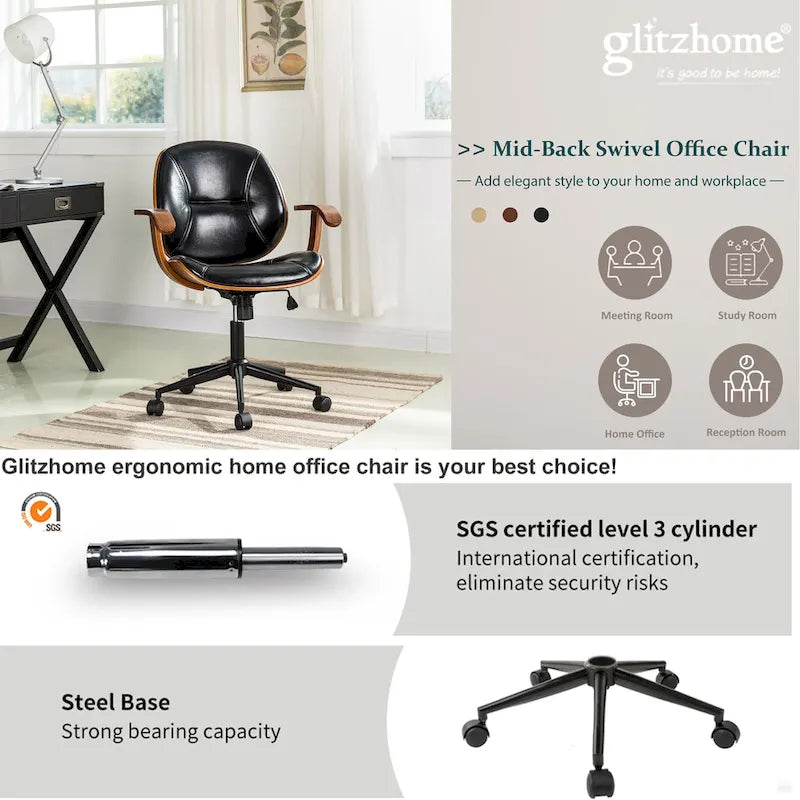 PU Leather Swivel Office Chair with Bamboo Armrests – Cocoa / Brown / Black, Mid-Back, Single User