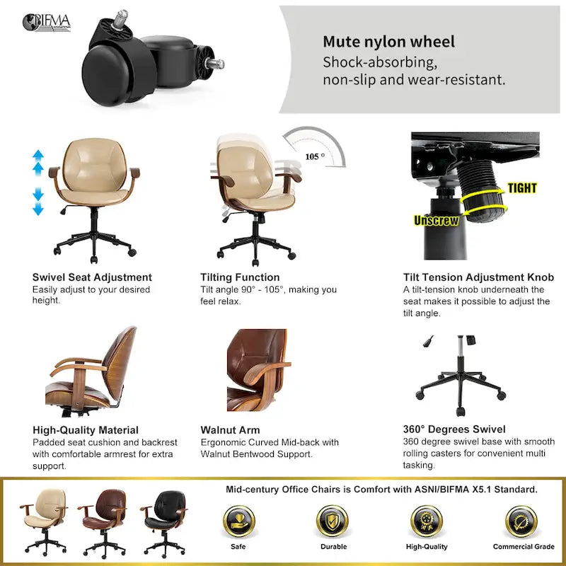 PU Leather Swivel Office Chair with Bamboo Armrests – Cocoa / Brown / Black, Mid-Back, Single User