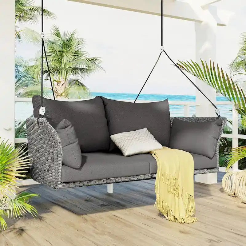 2-Person Rattan Woven Swing Chair with Ropes for Porch