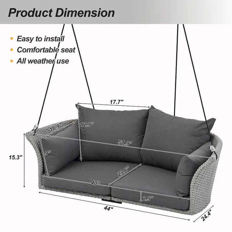2-Person Rattan Woven Swing Chair with Ropes for Porch