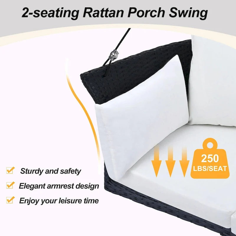 2-Person Rattan Woven Swing Chair with Ropes for Porch