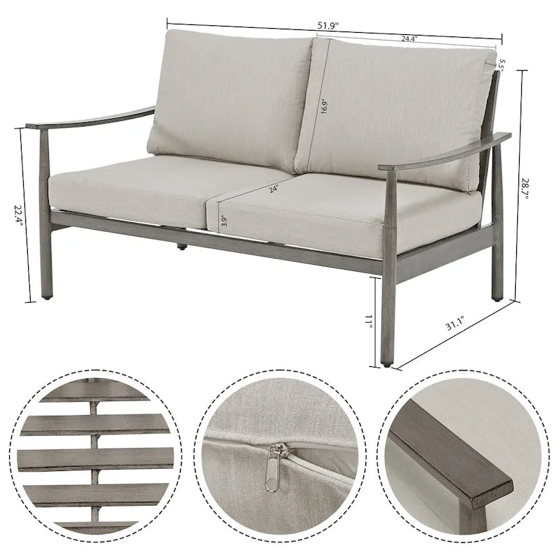 6-Piece Aluminum Patio Conversation Set, 2-Seat Outdoor Couch with Coffee Table and Cushions