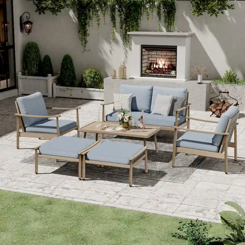 6-Piece Aluminum Patio Conversation Set, 2-Seat Outdoor Couch with Coffee Table and Cushions