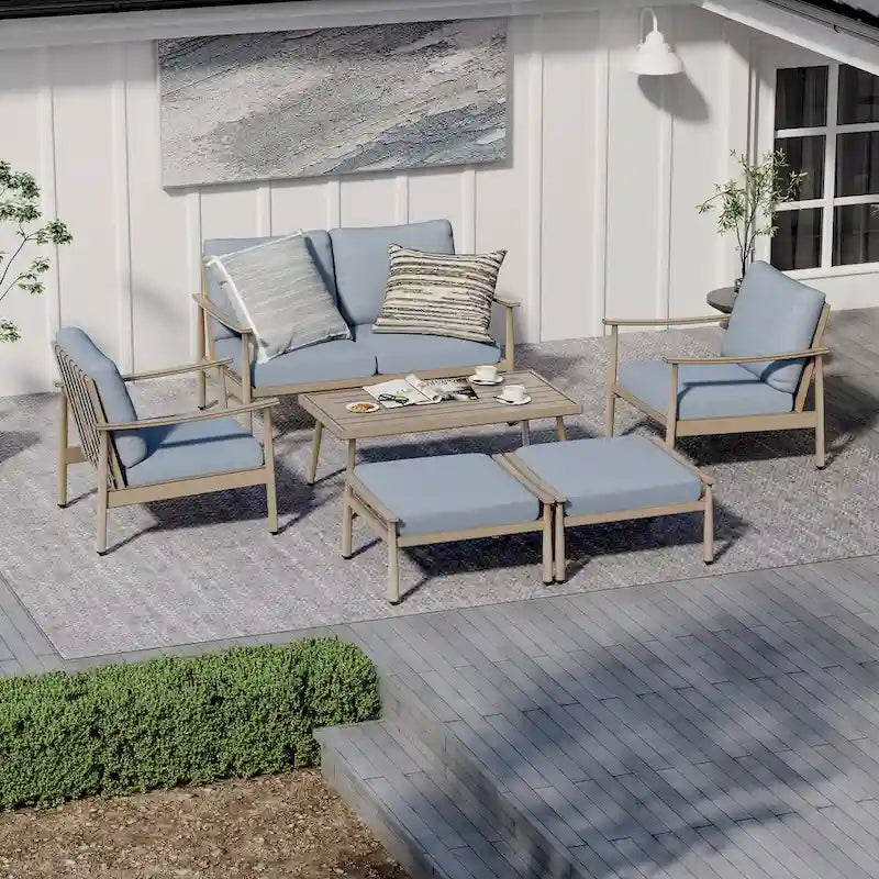 6-Piece Aluminum Patio Conversation Set, 2-Seat Outdoor Couch with Coffee Table and Cushions
