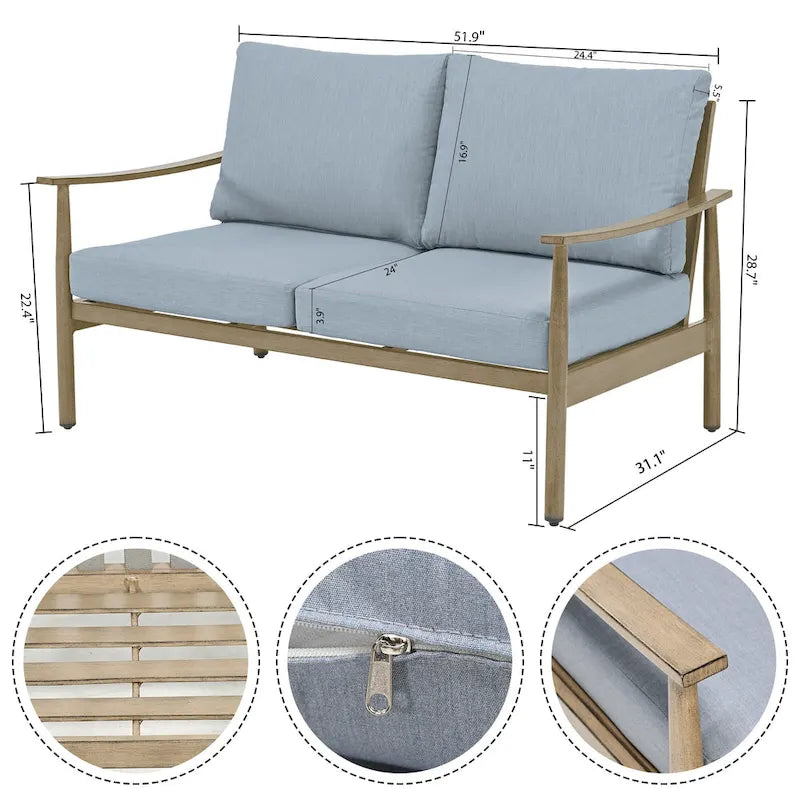 6-Piece Aluminum Patio Conversation Set, 2-Seat Outdoor Couch with Coffee Table and Cushions
