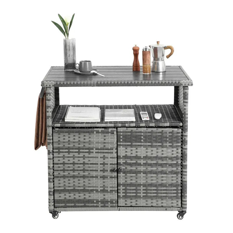 Outdoor Wicker Bar Cart,Patio Wine Serving Cart Wheels,Rolling Rattan Beverage Bar Counter Table Glass Top