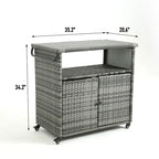 Outdoor Wicker Bar Cart,Patio Wine Serving Cart Wheels,Rolling Rattan Beverage Bar Counter Table Glass Top
