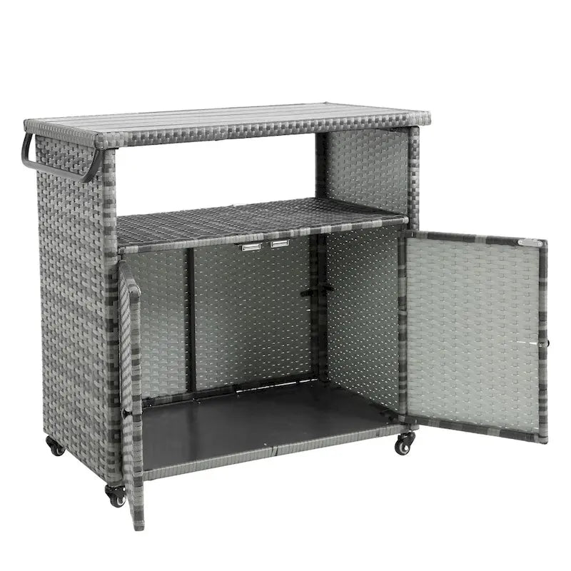Outdoor Wicker Bar Cart,Patio Wine Serving Cart Wheels,Rolling Rattan Beverage Bar Counter Table Glass Top