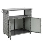 Outdoor Wicker Bar Cart,Patio Wine Serving Cart Wheels,Rolling Rattan Beverage Bar Counter Table Glass Top