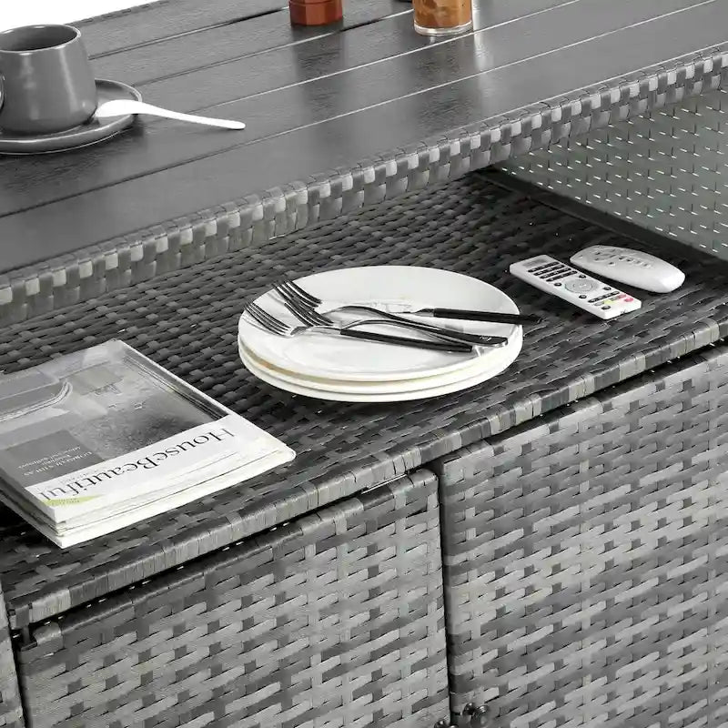 Outdoor Wicker Bar Cart,Patio Wine Serving Cart Wheels,Rolling Rattan Beverage Bar Counter Table Glass Top