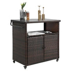 Outdoor Wicker Bar Cart,Patio Wine Serving Cart Wheels,Rolling Rattan Beverage Bar Counter Table Glass Top