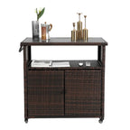 Outdoor Wicker Bar Cart,Patio Wine Serving Cart Wheels,Rolling Rattan Beverage Bar Counter Table Glass Top