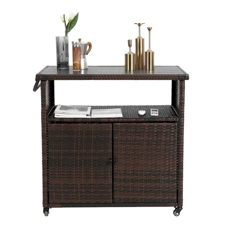 Outdoor Wicker Bar Cart,Patio Wine Serving Cart Wheels,Rolling Rattan Beverage Bar Counter Table Glass Top