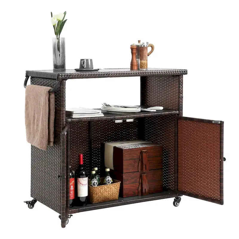 Outdoor Wicker Bar Cart,Patio Wine Serving Cart Wheels,Rolling Rattan Beverage Bar Counter Table Glass Top
