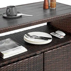 Outdoor Wicker Bar Cart,Patio Wine Serving Cart Wheels,Rolling Rattan Beverage Bar Counter Table Glass Top