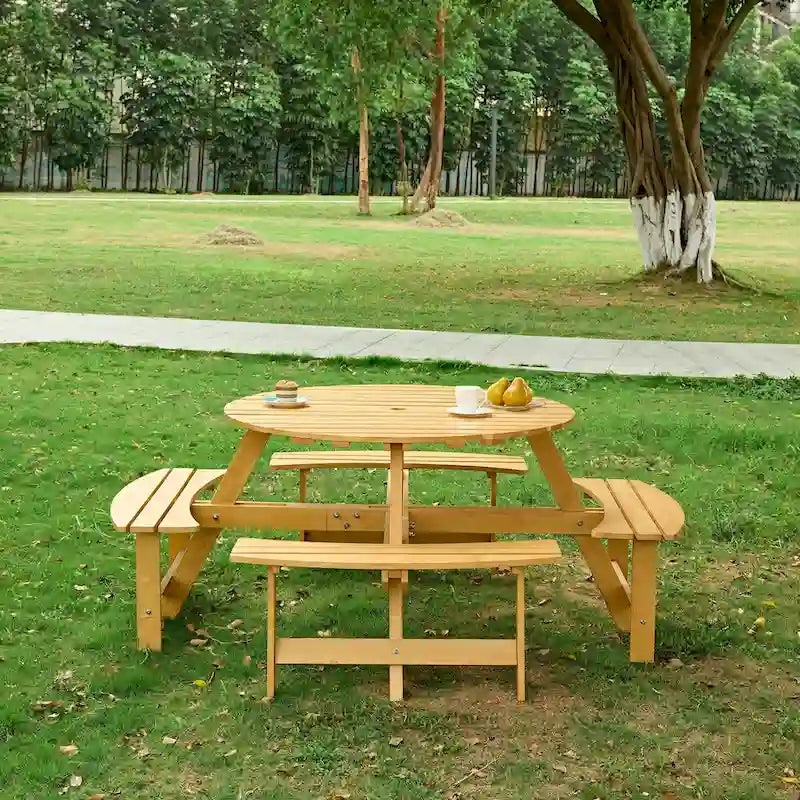 Outdoor 8 Person Picnic Table,8 person Round Picnic Table with 4 Built-in Benches,Umbrella Hole,Outside Table and Bench Set