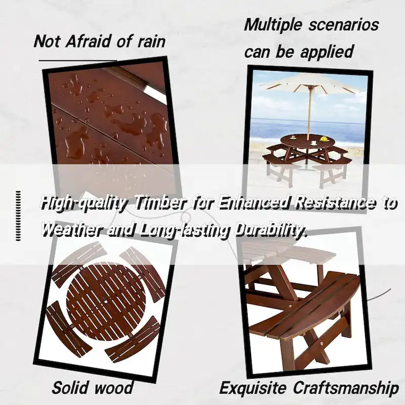Outdoor 8 Person Picnic Table,8 person Round Picnic Table with 4 Built-in Benches,Umbrella Hole,Outside Table and Bench Set