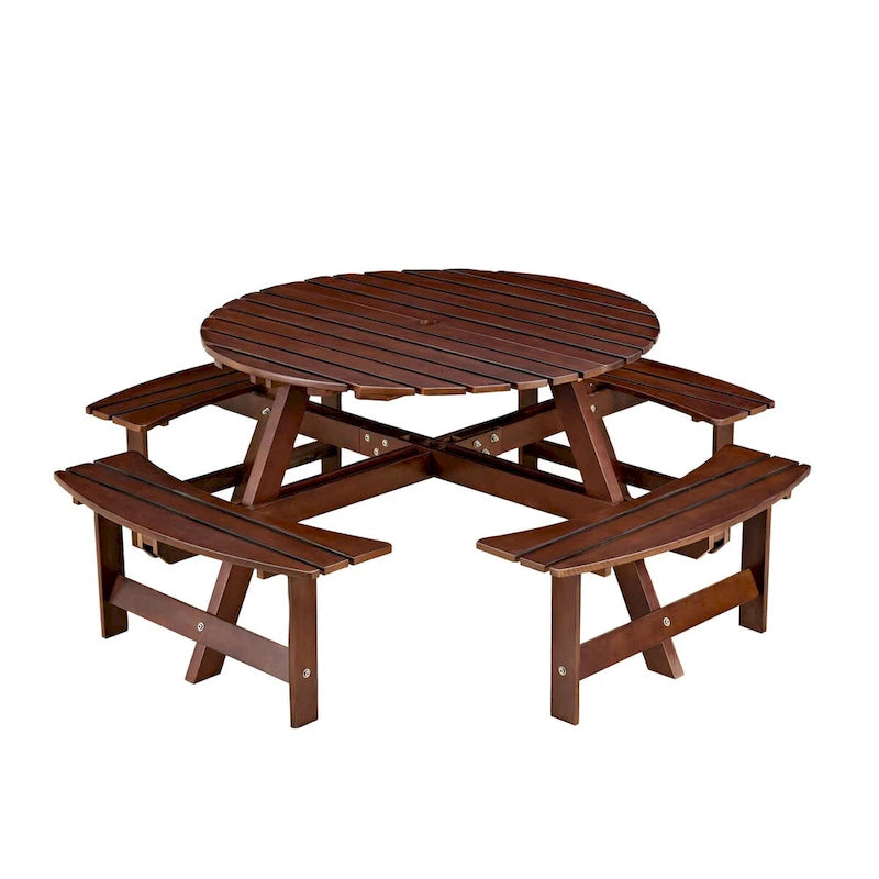 Outdoor 8 Person Picnic Table,8 person Round Picnic Table with 4 Built-in Benches,Umbrella Hole,Outside Table and Bench Set