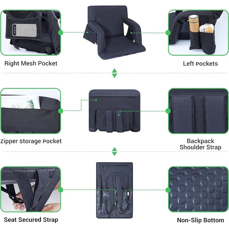 Stadium Seats, 5 Reclining Positions Bleacher Chairs with Padded Armrests, Side Pockets, Waterproof Thick Cushion