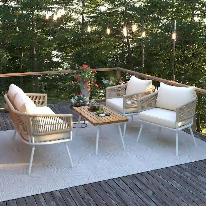 Beige 4-Piece Boho Outdoor Patio Conversation Set with Acacia Wood Table, Handmade PP Rope and Metal Frame, Adjustable Feet