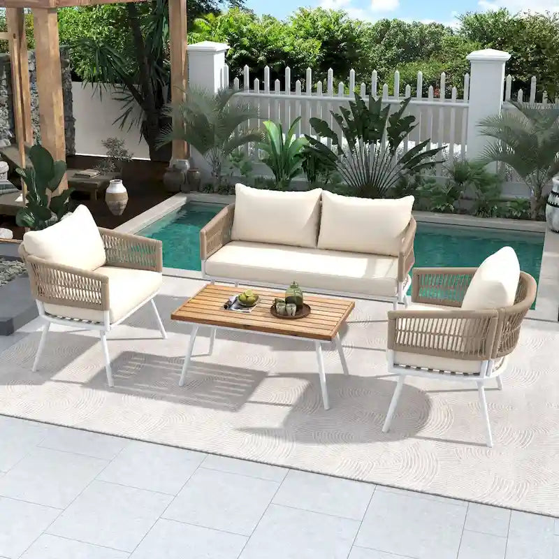 Beige 4-Piece Boho Outdoor Patio Conversation Set with Acacia Wood Table, Handmade PP Rope and Metal Frame, Adjustable Feet