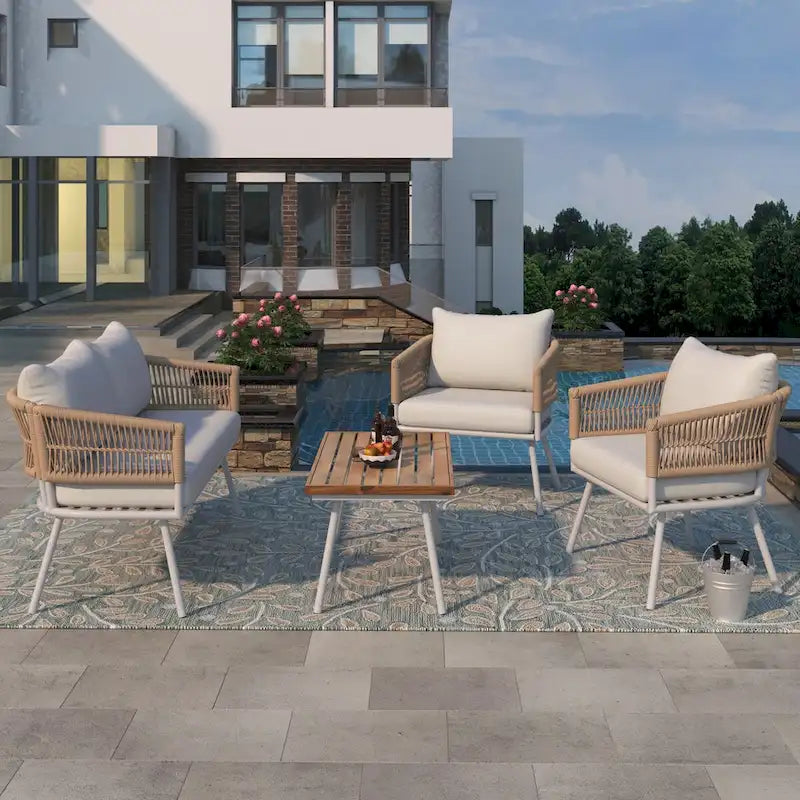 Beige 4-Piece Boho Outdoor Patio Conversation Set with Acacia Wood Table, Handmade PP Rope and Metal Frame, Adjustable Feet