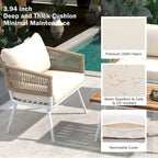 Beige 4-Piece Boho Outdoor Patio Conversation Set with Acacia Wood Table, Handmade PP Rope and Metal Frame, Adjustable Feet