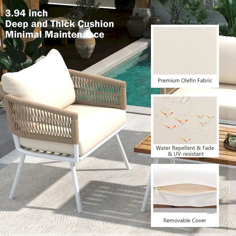 Beige 4-Piece Boho Outdoor Patio Conversation Set with Acacia Wood Table, Handmade PP Rope and Metal Frame, Adjustable Feet