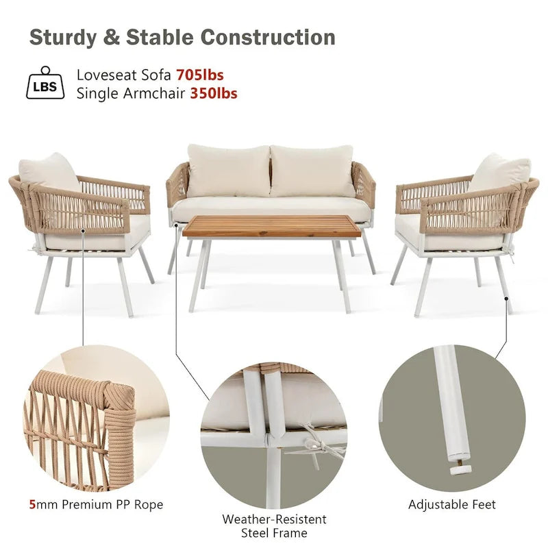 Beige 4-Piece Boho Outdoor Patio Conversation Set with Acacia Wood Table, Handmade PP Rope and Metal Frame, Adjustable Feet