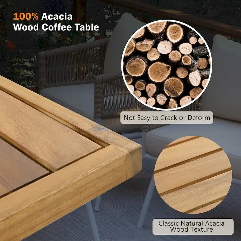 Beige 4-Piece Boho Outdoor Patio Conversation Set with Acacia Wood Table, Handmade PP Rope and Metal Frame, Adjustable Feet