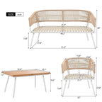 Beige 4-Piece Boho Outdoor Patio Conversation Set with Acacia Wood Table, Handmade PP Rope and Metal Frame, Adjustable Feet