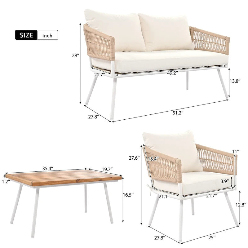 Beige 4-Piece Boho Outdoor Patio Conversation Set with Acacia Wood Table, Handmade PP Rope and Metal Frame, Adjustable Feet