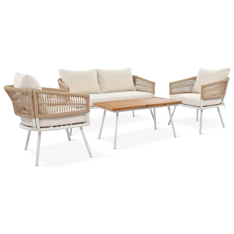 Beige 4-Piece Boho Outdoor Patio Conversation Set with Acacia Wood Table, Handmade PP Rope and Metal Frame, Adjustable Feet