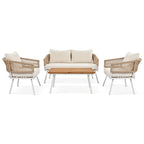 Beige 4-Piece Boho Outdoor Patio Conversation Set with Acacia Wood Table, Handmade PP Rope and Metal Frame, Adjustable Feet